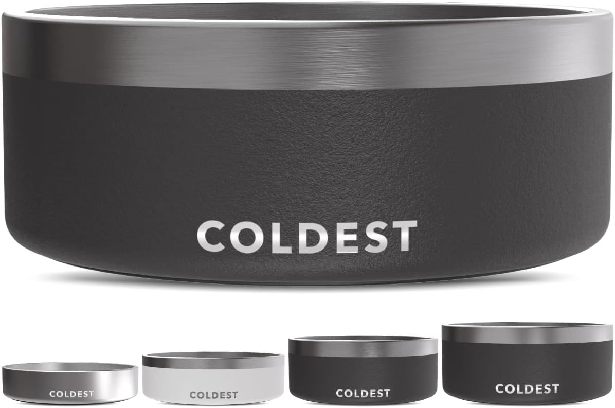 Coldest Dog Bowl - Anti Rust Metal, Non Slip, 3 Layers Insulated Stainless Steel Dog Bowls - Spill Proof & Heavy Duty - Water Bowl for Dogs, Cats & Pets, Dish Washer Safe (64 oz, Stealth Black)