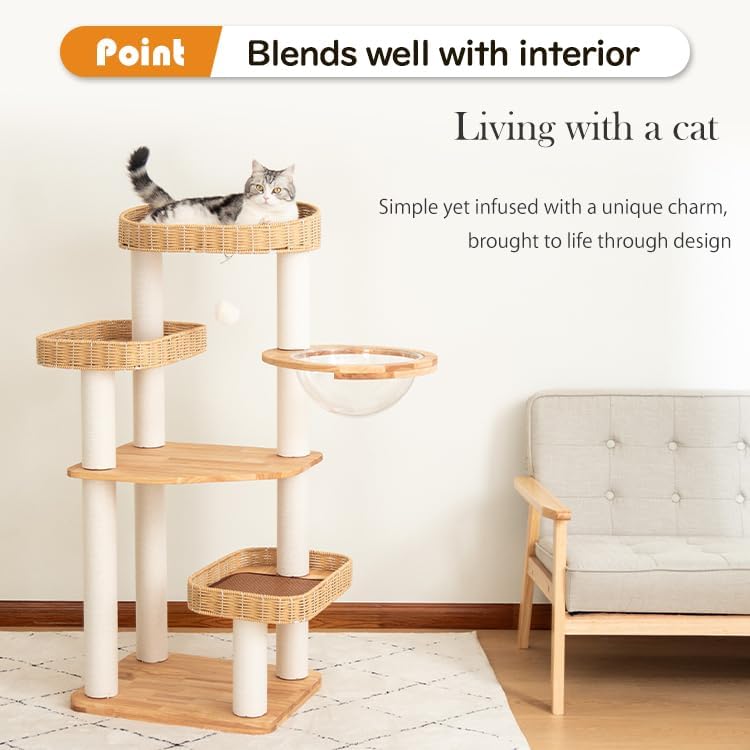 48'' Cat Tree for Large Cats, Modern Cat Tree Multi-Level Condo with Natural Wood, Cat Activity Centre for Medium and Big Pets (White LS02)