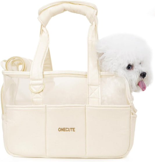 Dog Purse Carrier for Small Dogs Rabbit cat with Large Pockets, Cotton Bag, Dog Carrier Soft Sided, Collapsible Travel Puppy Carrier (Beige Breathable, 13.6" L x 6.5" W x 10.0" H)