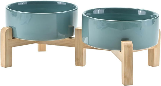 SPUNKYJUNKY Elevated Dog Bowls Ceramic, 5.1'' Dogs and Cat Food Water Bowls Raised with Non-Slip Bamboo Stand for Puppy Small Sized Breed Microwave Dishwasher Safe - 13.5 OZ,Dark Green