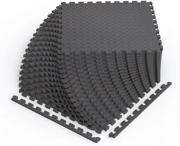 Norsk Foam Floor Gym Mats with Interlocking Tiles, .47" Thick, 24"x24", 24-Pack, 96 Square Feet, Diamond Plate Design, Grey