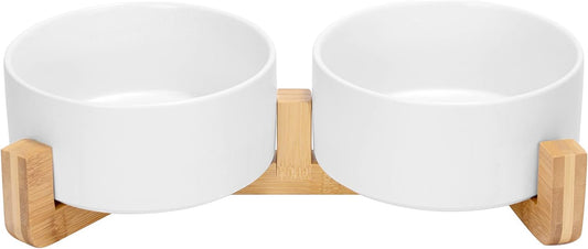 SPUNKYJUNKY Ceramic Dog and Cat Bowl Set with Wooden Stand, Modern Cute Weighted Food Water Set for Large Size Dogs (7.6 Cups, 2 × White)