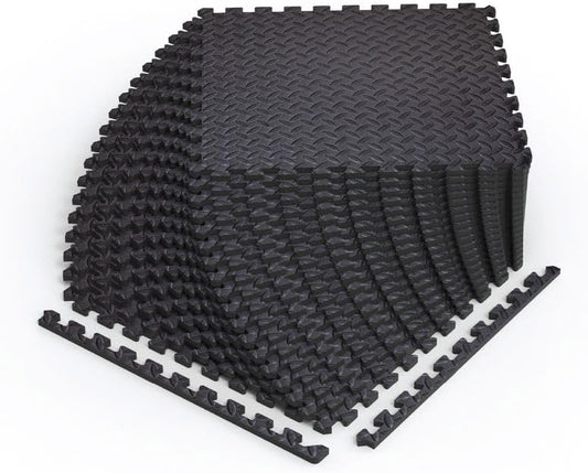 Norsk Foam Floor Gym Mats with Interlocking Tiles, .47" Thick, 24"x24", 36-Pack, 144 Square Feet, Diamond Plate Design, Black