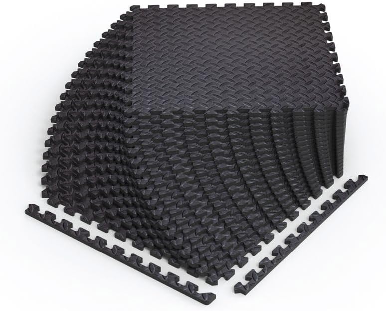Norsk Foam Floor Gym Mats with Interlocking Tiles, .47" Thick, 24"x24", 30-Pack, 120 Square Feet, Diamond Plate Design, Black