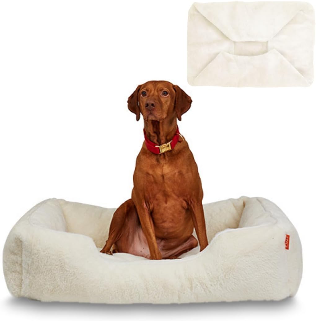 FUZI Luxury Aesthetic Dog Bed with Extra Cover for Medium Dogs, Washable Pet Couch, Pet Bed with Sides, Non-Slip Bottom, Soft & Durable Calming Dog Bed, Faux Fur, Medium 31.75x23.6x9.5 Soft White