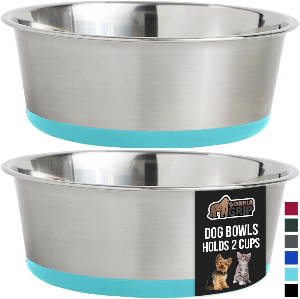 GORILLA GRIP Set of 2 Dog Bowls, Heavy Duty Metal Food and Water Bowl for Feeding Dogs and Cats, Dishwasher Safe Rust Resistant Stainless Steel, BPA Free Rubber Base, Holds 2 Cups (16 fl oz) Turquoise