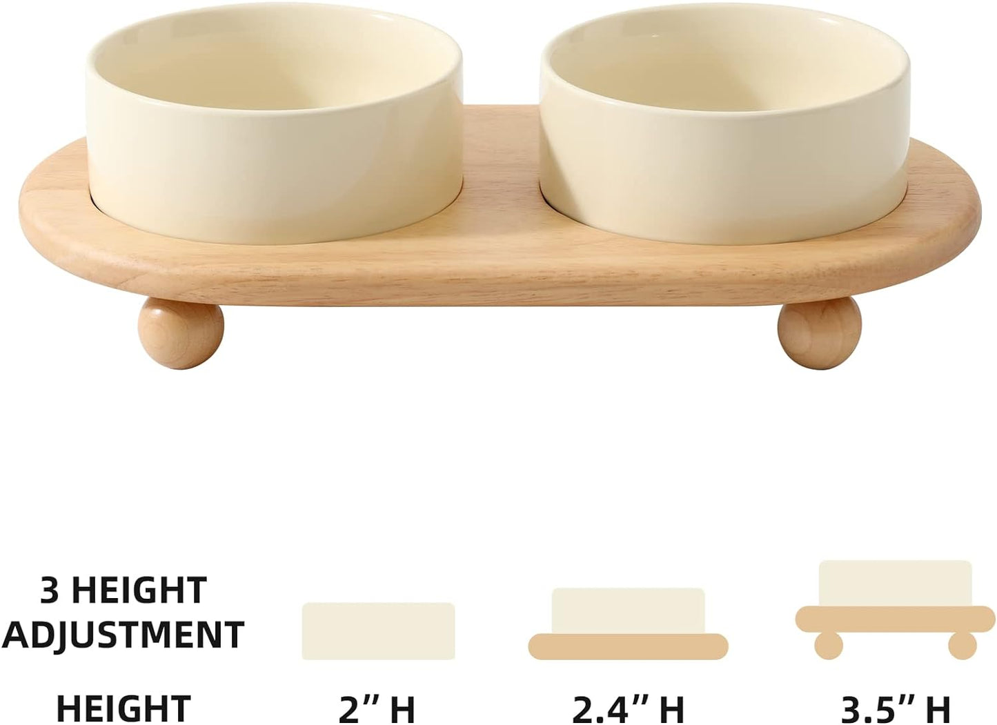Ceramic Elevated Cat Food and Water Bowl, Kitty Bowl, Raised Cat Dish, Pet Feeder (5.1 in, 2 x Beige + Stand)
