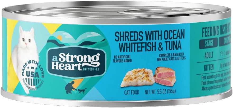 A Strong Heart Canned Wet Cat Food, Shreds with Ocean Whitefish & Tuna - 5.5 oz Cans (Pack of 24), Made in The USA with Real Ocean Whitefish & Tuna