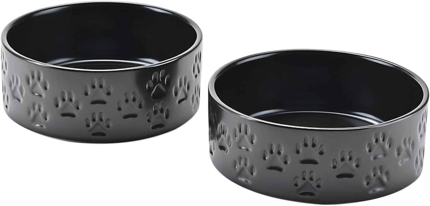 SPUNKYJUNKY Ceramic Dog Bowls 2 Pack, 7.3'' Dog Food Water Double Feeding Bowls Non-Slip for Medium to Large Sized Breed Microwave Dishwasher Safe - 42 OZ, 2pcs, Paw Black