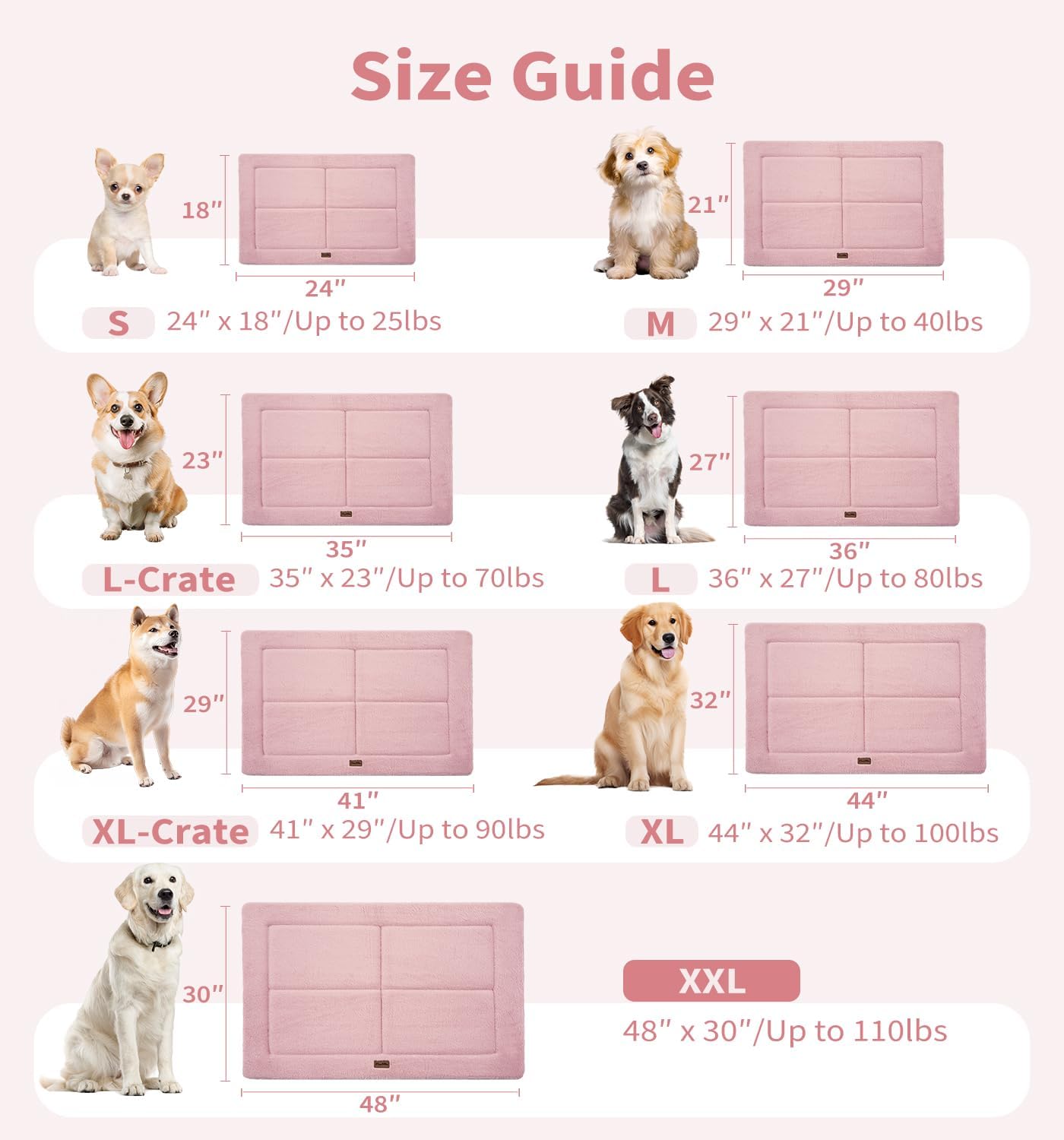 MADE 4 PETS Dog Crate Pad Bed for Large Dogs, Washable & Reversible, Anti-Slip Kennel Mat for Cozy Sleeping, Soft Fluffy Dog Bed for Indoor & Outdoor Use, 36"x27", Pink
