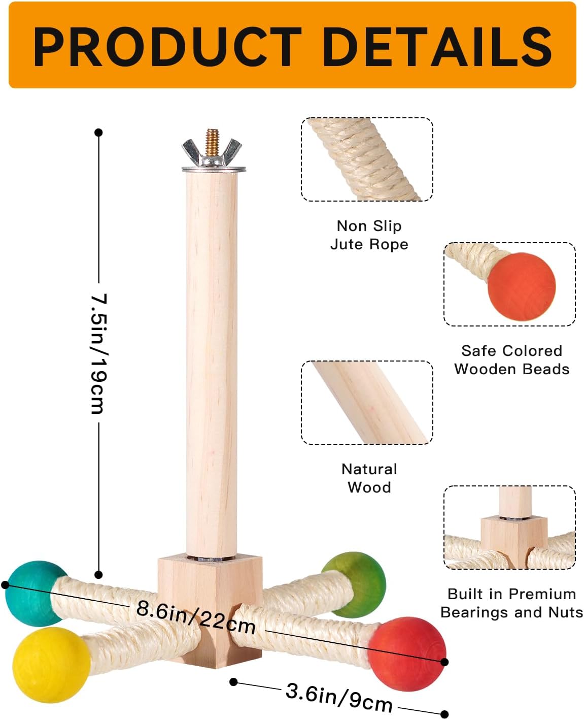 Bird Stand Perch Toy, 360° Wooden Spinning Toy for Parrots, Fun Cage Toy Accessory, Suitable for Budgies, Cockatiels, Lovebirds, Parakeets, Finches and Other Small to Medium Birds