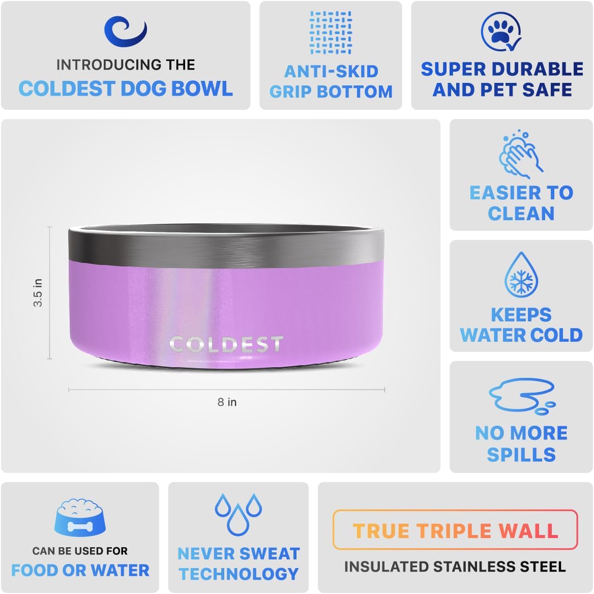 Coldest Dog Bowl - Anti Rust Metal, Non Slip, 3 Layers Insulated Stainless Steel Dog Bowls - Spill Proof & Heavy Duty - Water Bowl for Dogs, Cats, Dish Washer Safe (64 oz, Saturns Purple Glitter)