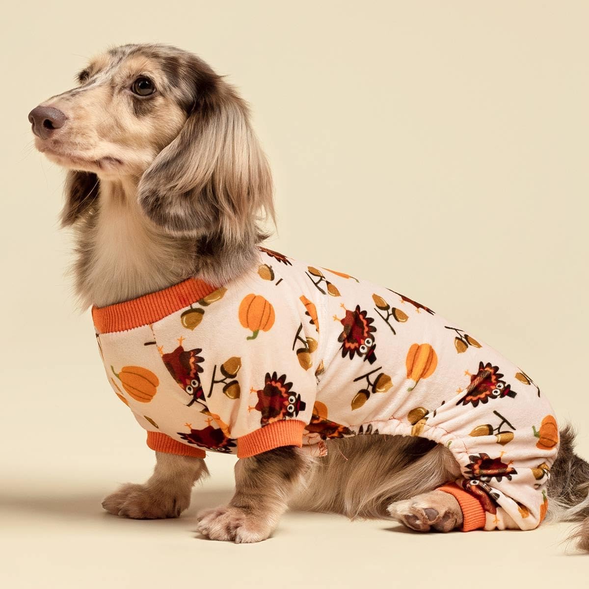 Fitwarm Thanksgiving Turkey Dog Pajamas, Funny Dog Winter Clothes for Small Dogs Girl Boy, Pet Jumpsuit, Cat Onesie with Feet, Lightweight Velvet, Orange, XS