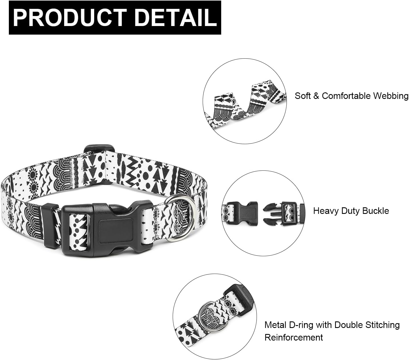 Mercano Adjustable Dog Collar - Special Design Patterns, Soft Nylon Comfortable Sturdy Pet Collar for Small Medium Large Dogs (L, Black White B)