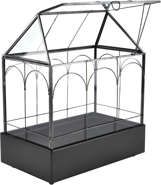 HighFree Glass Terrarium with Metal Tray, Glass Greenhouse Terrarium Kit for Succulents, Cacti, Snails, Spiders, and Miniature Reptiles, Black (Large-9.45" L x 5.7" W x 11.8" H)