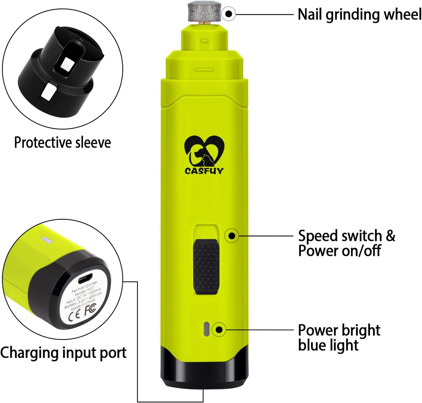 Casfuy Dog Nail Grinder Upgraded - Professional 2-Speed Electric Rechargeable Pet Nail Trimmer Painless Paws Grooming & Smoothing for Small Medium Large Dogs & Cats (Green)