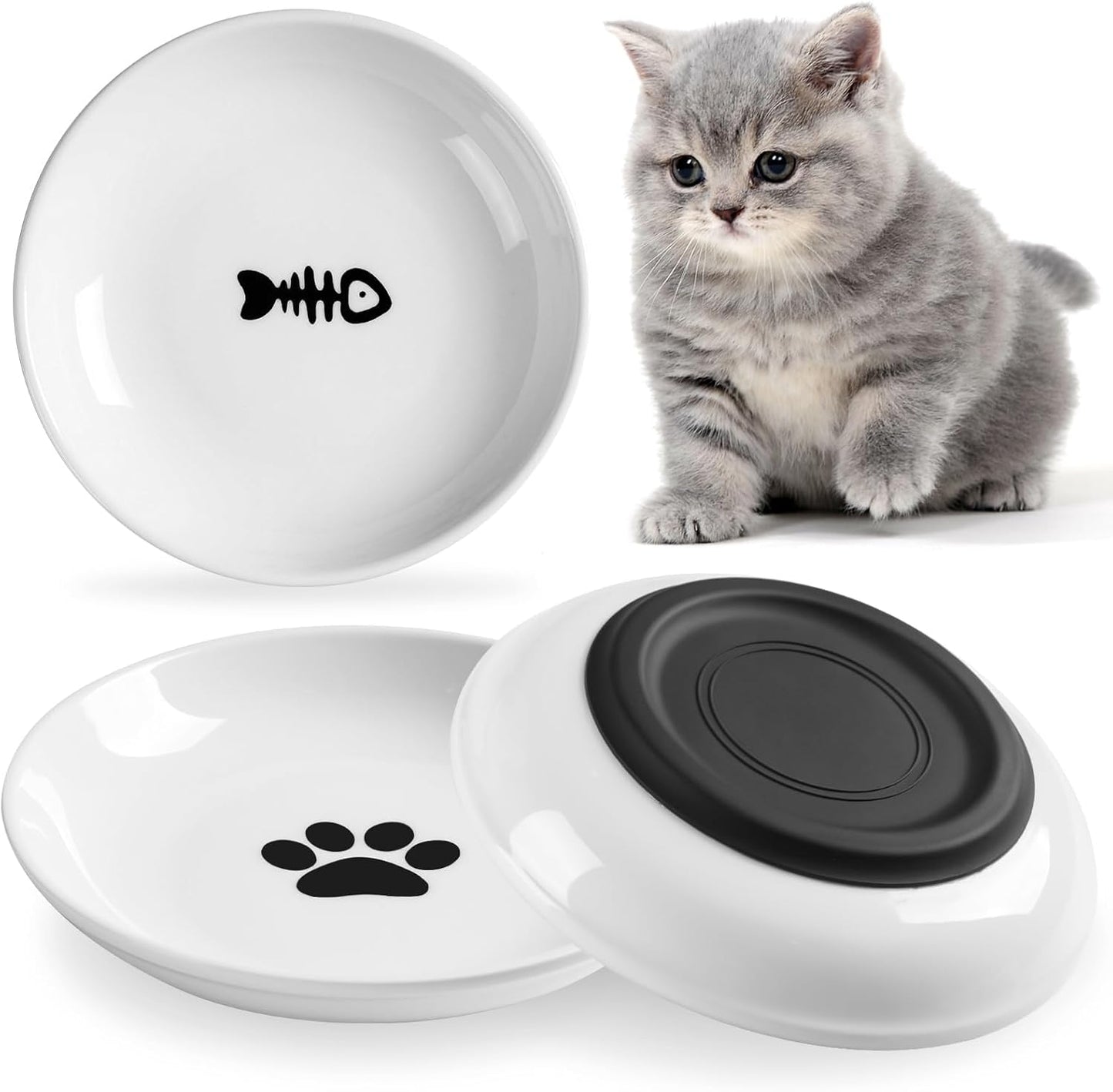 Cat Food Bowl,Healthy Ceramic Cat Bowls for Indoor Cats,Anti Whisker Fatigue Cats Dishes Set,Shallow Wide Kitten Plates for Food and Water,Non-Slip Silicone Bottom,3 Pack