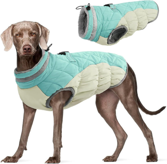 FUAMEY Dog Coat for Large Dogs,Waterproof Dog Winter Jacket with Harness Built in Puppy Cold Weather Coats Reflective Pet Vest with Zipper Warm Fleece Dogs Snowsuit Windproof Mint Green XL