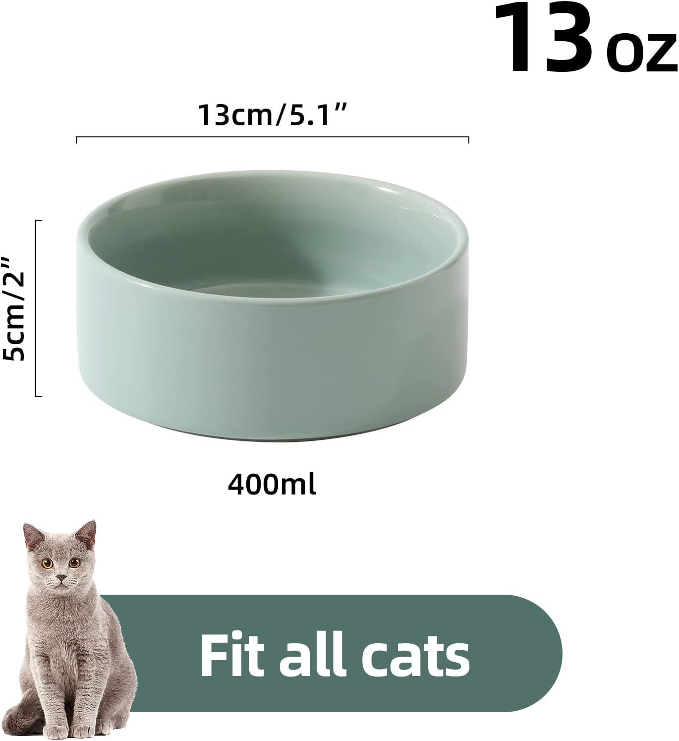 Ceramic Set of 2 Cat Bowls, Food and Water Bowls for Cats, Kitty, 2pcs Cat Dishes, Pet Feeder(5.1inch, 2 x Light Green Bowls)