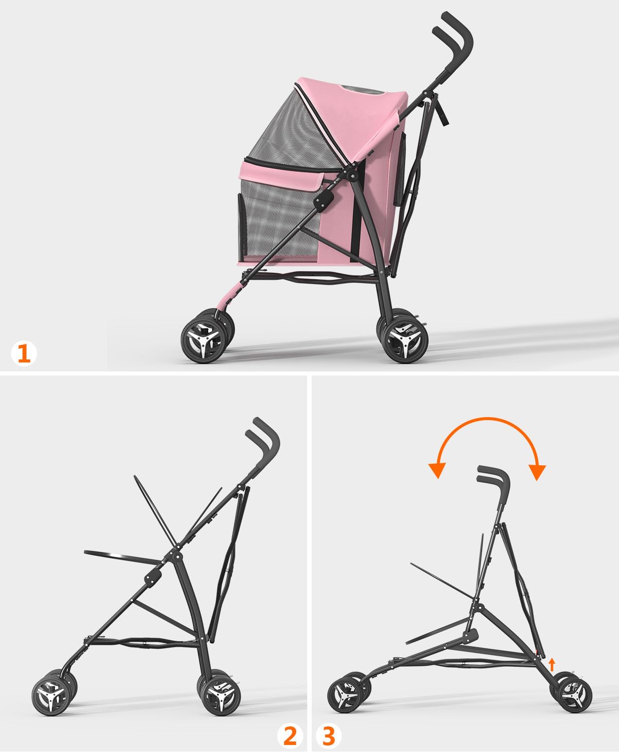 Pet Stroller with 4 Wheels for Small/Medium Pets, Portable Travel Foldable Carrier Jogger for Dog Cat Puppy Kitty, Rear Wheel Breaks, Storage Basket, Visible Mesh with Weather Cover (Pink)