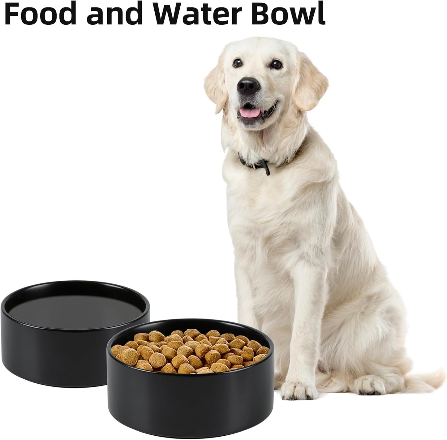Non-Slip 8.2inch Ceramic Dog Food and Water Bowl for Large Breed Dogs, Pet Bowl for Replacement (Single Bowl, Black)