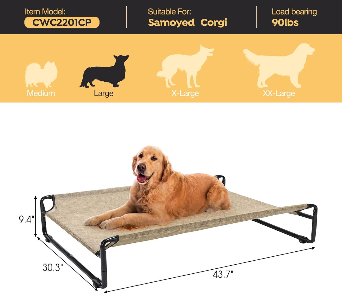 Veehoo Original Outdoor Elevated Dog Bed, Cooling Raised Dog Cot for Large Dogs, Portable Standing Pet Hammock Platform with Washable Breathable Mesh, No-Slip Feet, Large, Beige Coffee, CWC2201