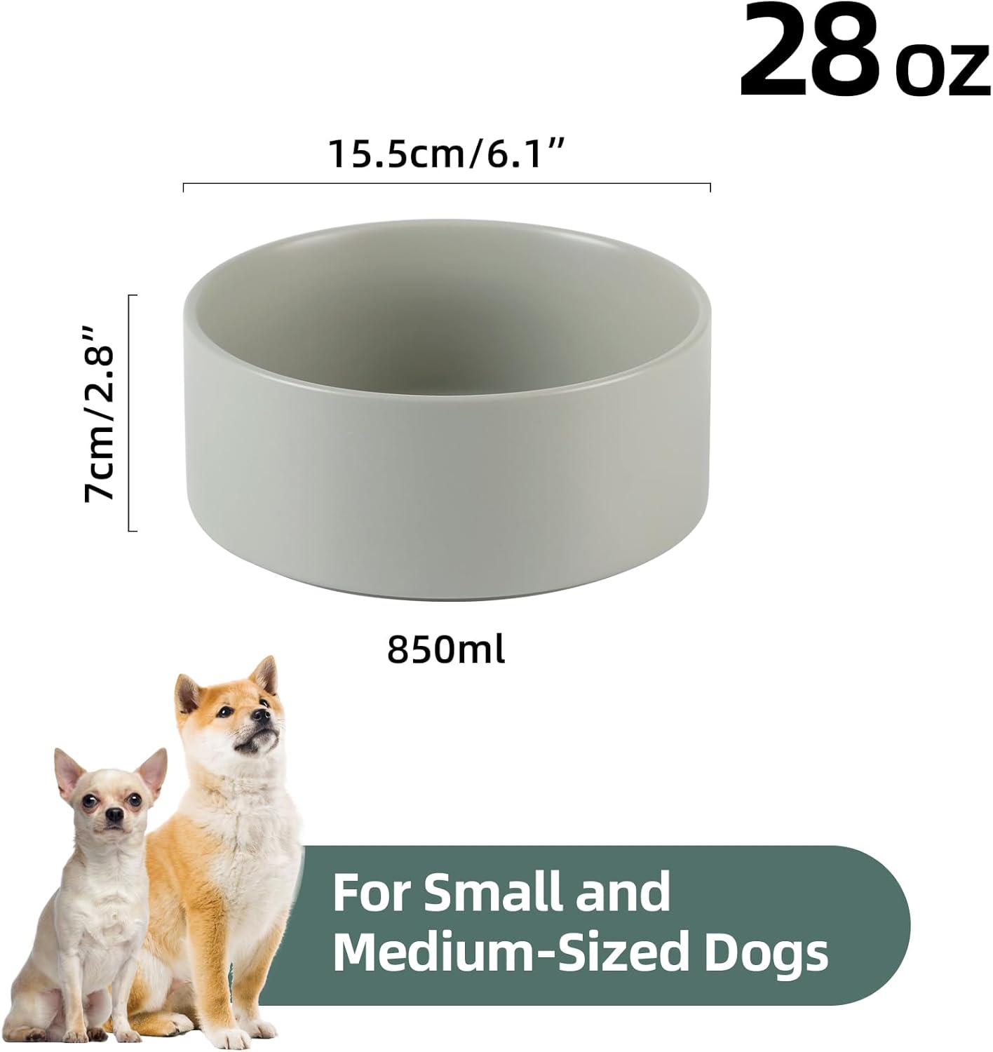 Ceramic 6.1inch Non-Slip Dog Food and Water Bowl for Small & Medium Breed Dogs,Pet Bowl for Replacement, Protects Cervical Spine (Grey)