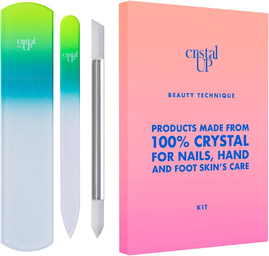 Starter Crystal Care Set - 3PC Includes Glass Foot Scraper, Medium Crystal File, and Cuticle Stick for Natural Nails, Glass File Kit
