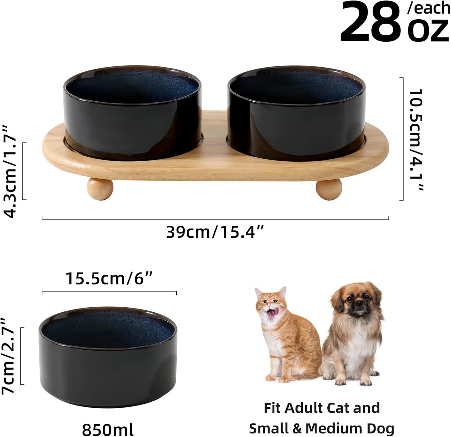 Ceramic Elevated Dog Bowls, Food and Water Bowls for Dogs, Puppy, Raised Dog Dish, Pet Feeder(6inch, 2 x Starry Sky + Stand)