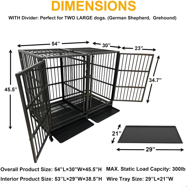 54 Inch Heavy Duty Dog Crate Cage with Divider, Indestructible and Escape Proof Steel Kennel Indoor for 2 High Anxiety Dogs with Sturdy Locks, Double Door and Tray, Extra Large XL XXL