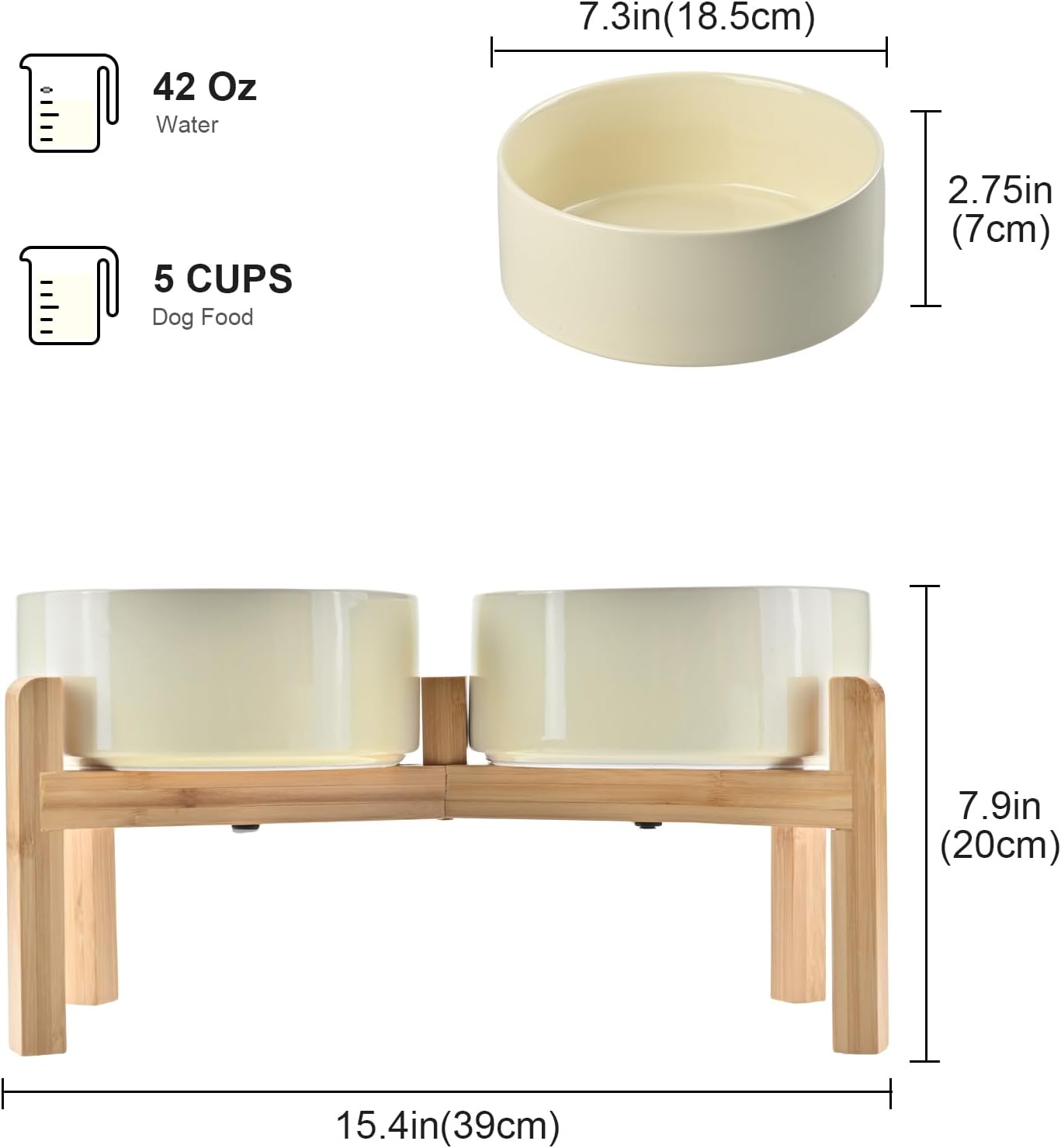 SPUNKYJUNKY Elevated Dog Bowls Ceramic, 7.3'' Dogs Food Water Bowls Raised with Non-Slip Bamboo Stand for Medium to Large Sized Breed Microwave Dishwasher Safe - 42 OZ,Beige