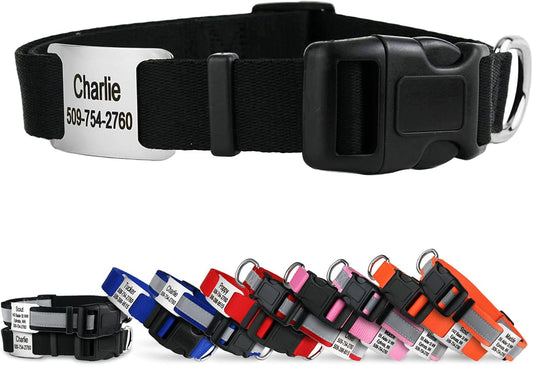 GoTags Personalized Dog Collar with Nameplate, Adjustable Dog Collar with Custom Engraved Slide On Pet ID Tag in Stainless Steel, Silent, No Noise Dog Tag for Large Medium and Small (Black, Small)