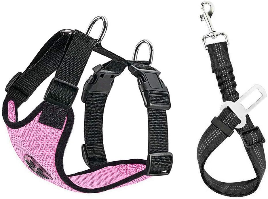 SlowTon Dog Seat Belt Harness for Car, Dog Car Harness Adjustable Mesh Breathable & Dog Seatbelt Safety Tether with Elastic Bungee for Small Medium Large Pets(Pink, Single Clip, S)