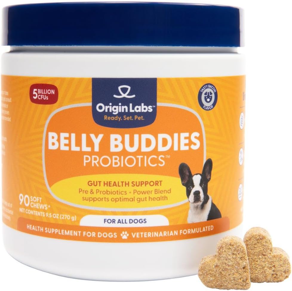 Origin Labs Belly Buddies - Probiotics for Dogs - Prebiotics & Probiotics - Supports Gut, Skin, and Immune Health - 5 Billion CFUs 7 Strain Probiotic Blend - Natural Bacon Flavor, 90 Soft Chews