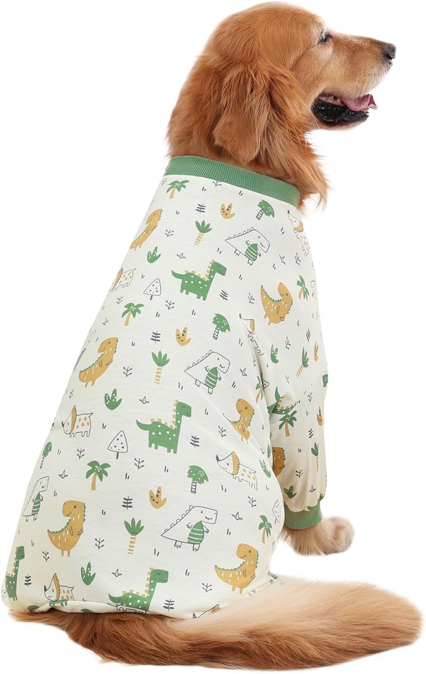 HDE Dog Pajamas One Piece Jammies Jumpsuit Pet Clothes Outfit Stretchy Lightweight Comfy Shirt Pjs for M-3XL Dogs Forest Dinos - M