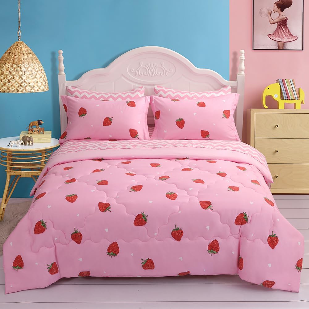 Girls Strawberry Comforter Set Queen Size - 7 Piece Bed in A Bag Bedding Set for Kids Teens - All Season (1 Comforter,1 Flat Sheet,1 Fitted Sheet and 4 Pillow Sham) Pink
