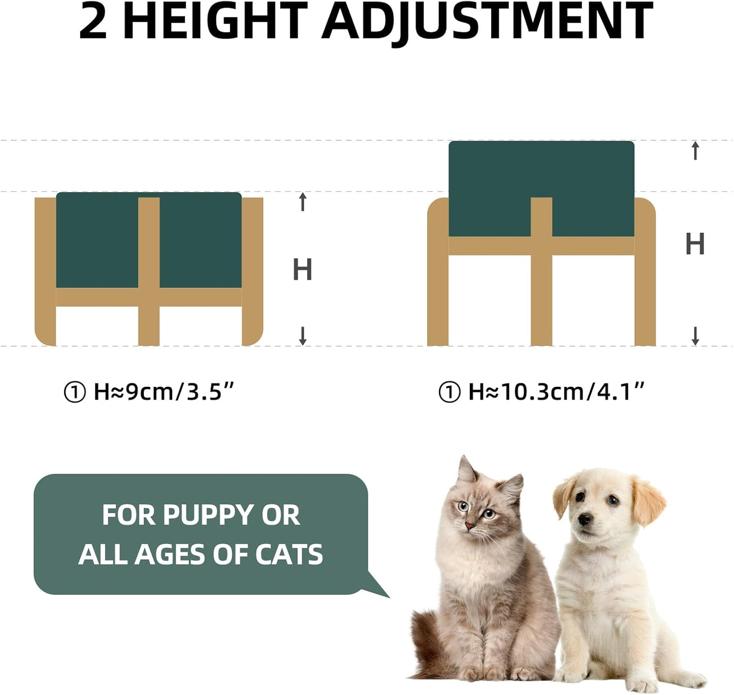 Ceramic Raised Double Bowls Set with Stand, 2 Heights Elevated, Food & Water Bowls for Small Breed Dogs, Cats, Kitty, Weighted Dog Dishes, Pet Bowls(5.1'',13.5oz, Green)
