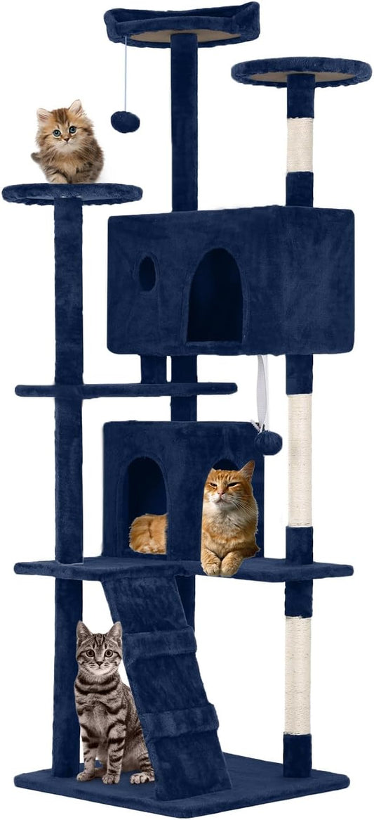 70 Inches Multi-Level Cat Tower for Indoor Cats - XL Tree Climbing Condo With Scratching Posts and Hanging Toys, Navy Blue