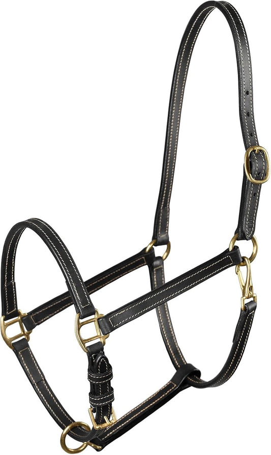 HORZE Fremont Soft Synthetic Leather Horse Halter | Fully Adjustable with Brass Hardware & Contrast Stitching - Black - Horse