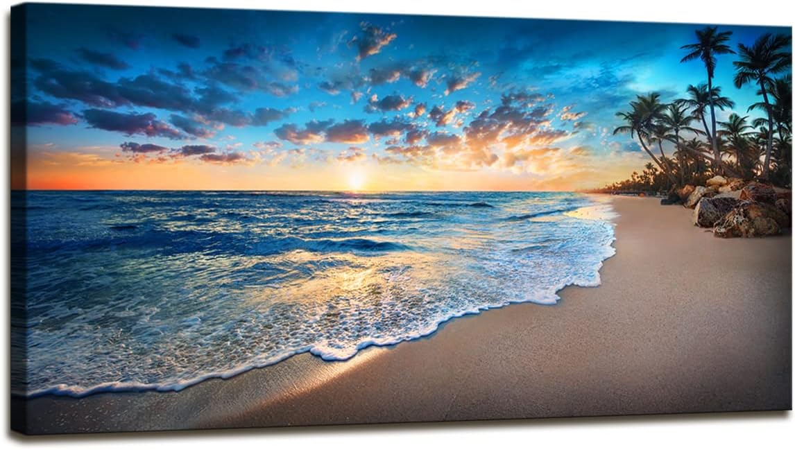 Jiuqinghua Canvas Prints Wall Art Blue Beach Ocean Landscape Paintings 1 panel Sunset Sea Waves Wall Decor Pictures Stretched and Framed for Living Room Bedroom and Office Decor Artwork 24x48inch