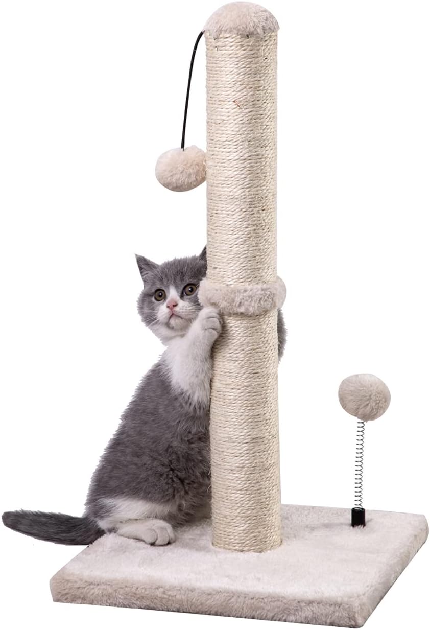 MECOOL Cat Scratching Post Premium Basics Kitten Scratcher Sisal Scratch Posts with Hanging Ball 22in for Kittens or Smaller Cats (22 inches for Kitten, Beige)