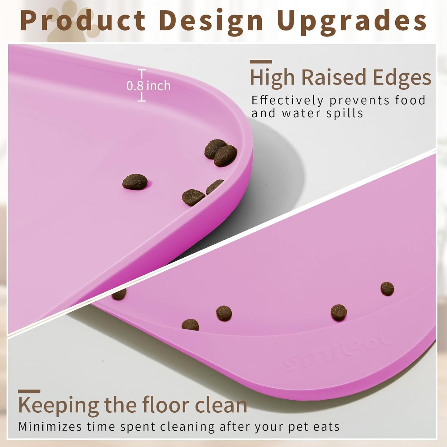 Silicone Pet Feeding Mat with Raised Edge & Residue Collection Pocket for Food and Water, Dog Bowl Mats, Cat Bowls Placemat with High Lip for Floor Waterproof, 24 x 16 x 0.8 Pink