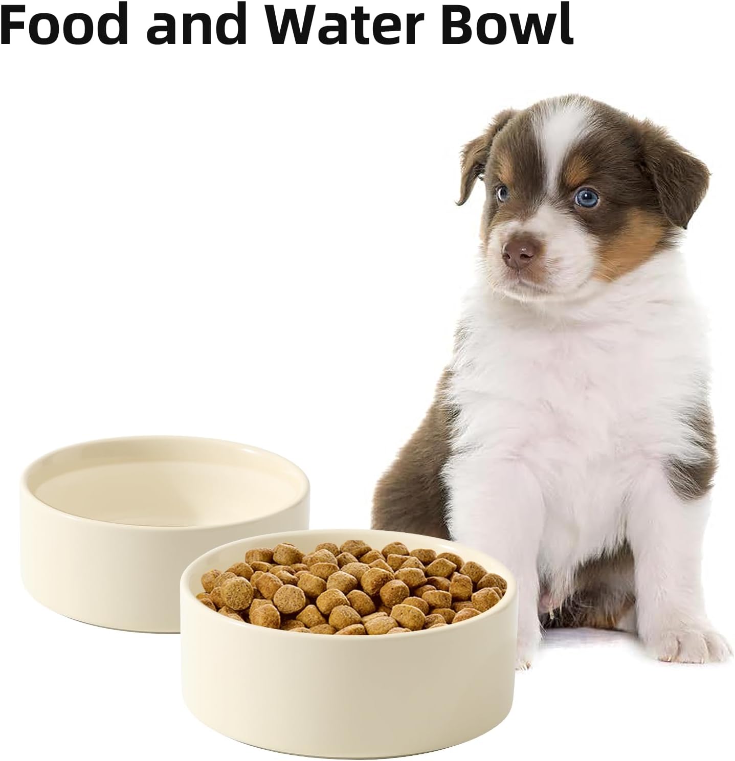 Ceramic Set of 2 Dog Bowls, Food and Water Bowls for Dogs, Puppy, 2pcs Pet Dishes(6inch, 2 x Beige Bowls)
