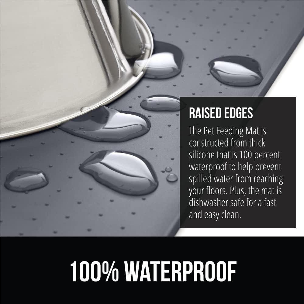 GORILLA GRIP 100% Waterproof Raised Edge BPA Free Silicone Pet Feeding Mat, Dog Cat Food Mats Contain Spills Protects Floors, Placemats for Cats and Dogs Water Bowl, Pets Accessories 16x10, Gray