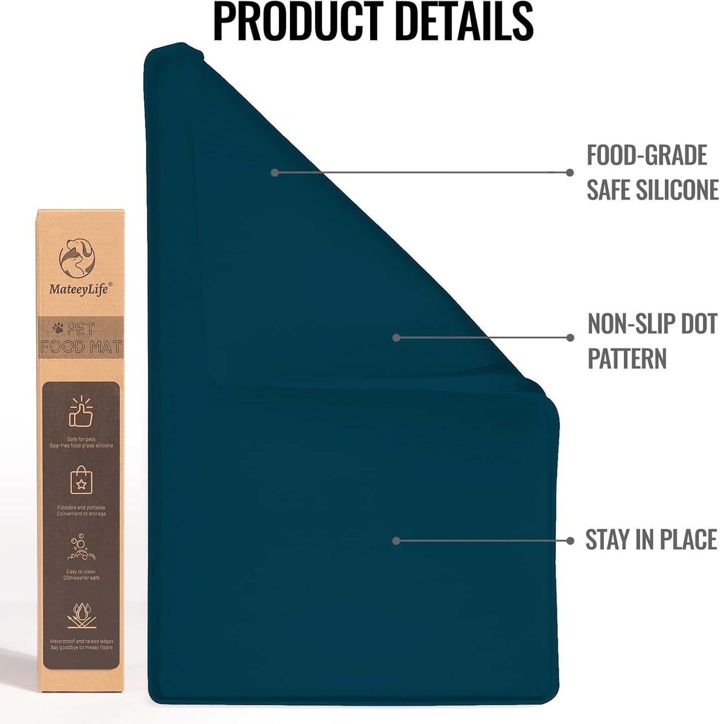 MateeyLife Dog & Cat Food Mat, Waterproof & Nonslip Silicone Feeding Mats for Dogs and Cats, Raised Edge Tray for Messy Drinkers, 24"x16", Navy