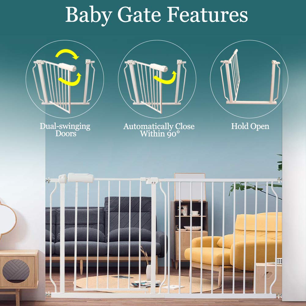 ALLAIBB Extra Wide Pressure Mounted Baby Gate Walk Through Child Kids Safety Toddler Tension White Long Large Pet Dog Gates with Extension for doorways Kitchen (33.86-38.58"/86-98cm)