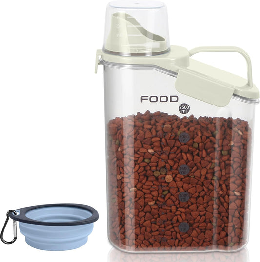 Dog Food Storage Container, Upgraded Large Nozzle BPA-free, 8-12 LBS Plastic Pet Food Storage Containers, With 4 Sealed Clasps, 1 Measuring Cup and Handle (1, A-Beige, 3L)