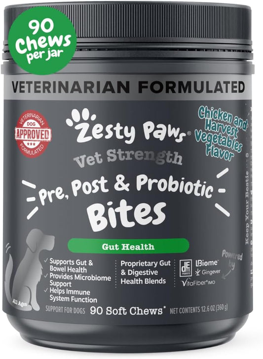 Zesty Paws Vet Strength Probiotics for Dogs, Digestive Health & Gut Flora Support, Dog Supplements, 90 Count