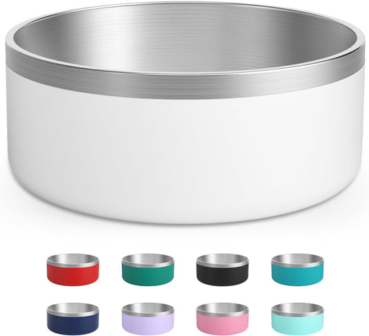 Stainless Steel Dog Bowl, Metal Water and Food Dish for Large Dogs, Insulated Non-Slip Pet Bowl, Easy Clean, 64oz, White