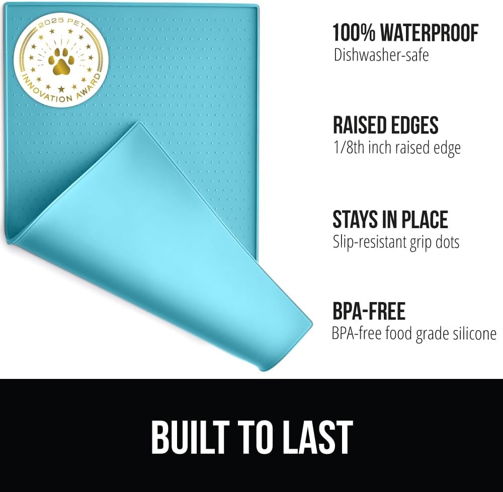 GORILLA GRIP 100% Waterproof Raised Edge BPA Free Silicone Pet Feeding Mat, Dog Cat Food Mats Contain Spills Protects Floors, Placemats for Cats and Dogs Water Bowl, Pets Accessories 16x10, Turquoise